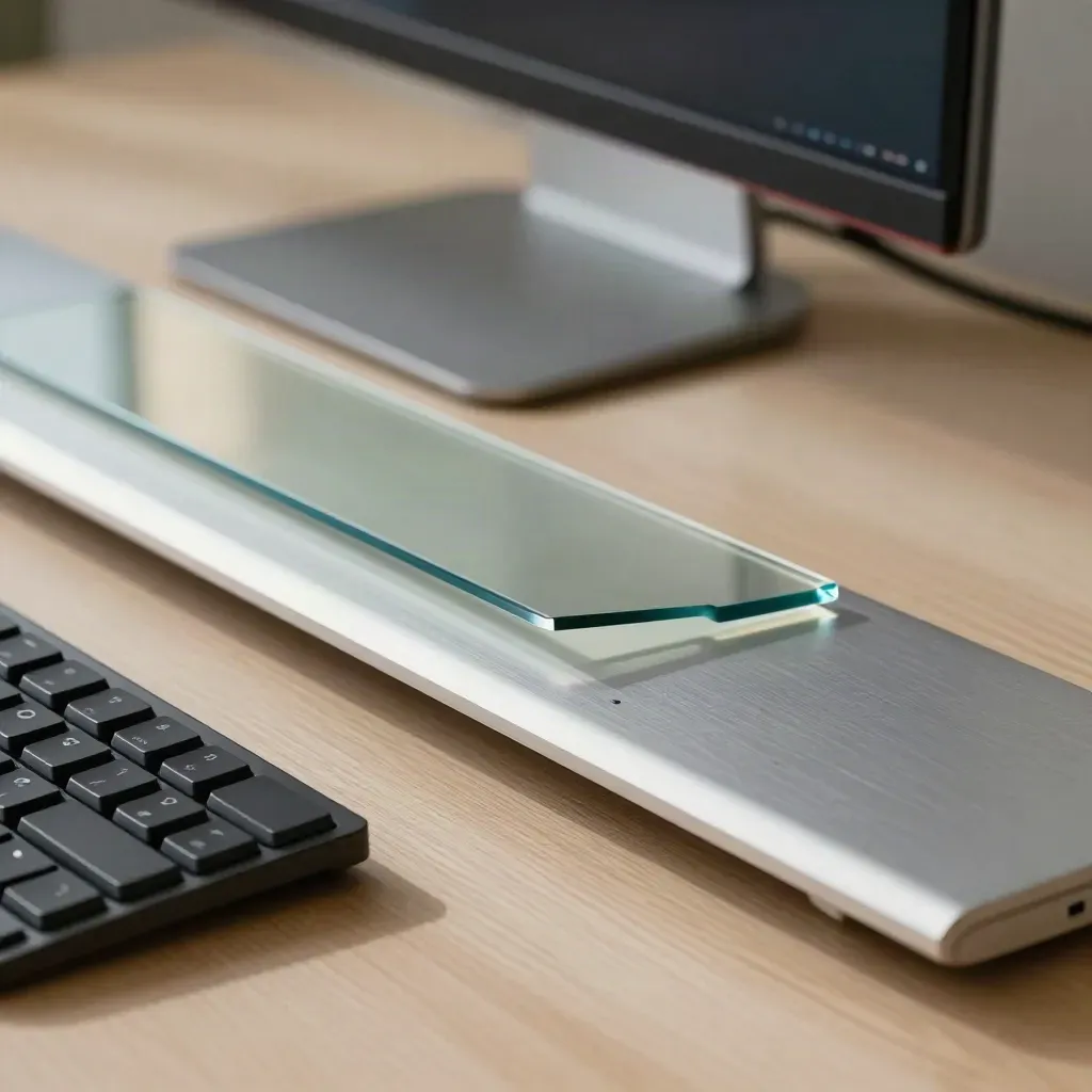Yakın plan web tasarımcı masası; trackpad, klavye köşesi, cam yüzey ve tablet standı.