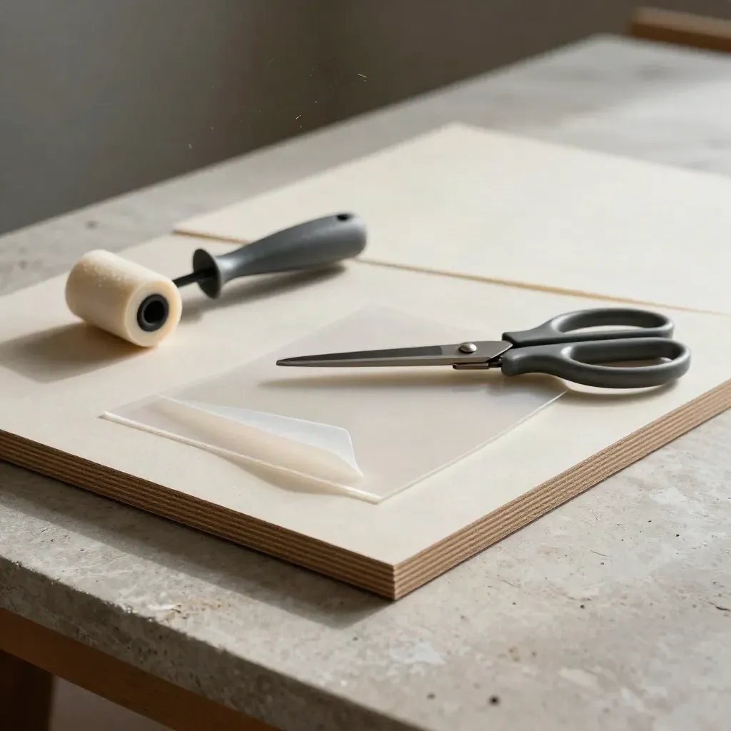 Foam board, makas ve şeffaf tasarım katmanlarıyla işlenme aşamasında bir çalışma yüzeyi.