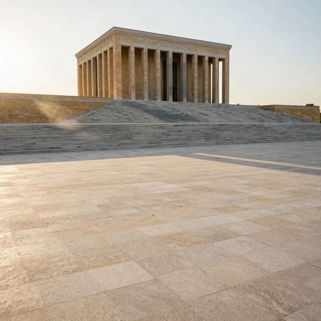Anıtkabir’in öğleden sonra ışığında geniş taş terasları ve sakin avlusu.