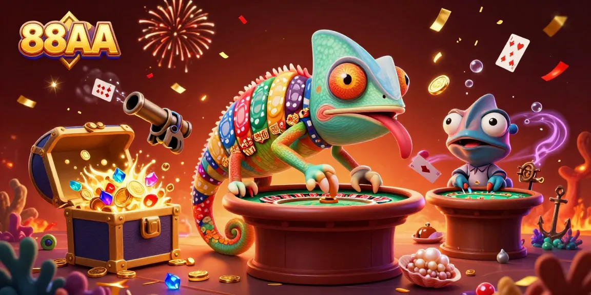 Play exciting casino games at 88AA with our vibrant 3D chameleon character and gold treasures!