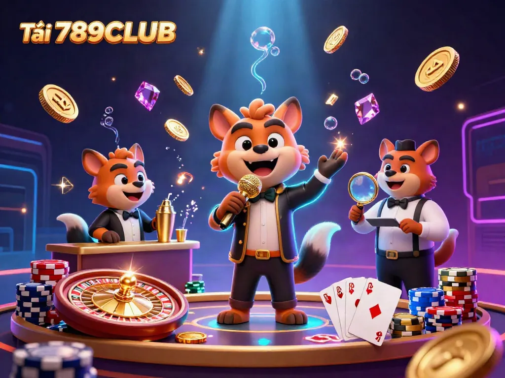 Tải 789CLUB in an action-filled cartoon casino scene with hyenas, golden shakers, and roulette.