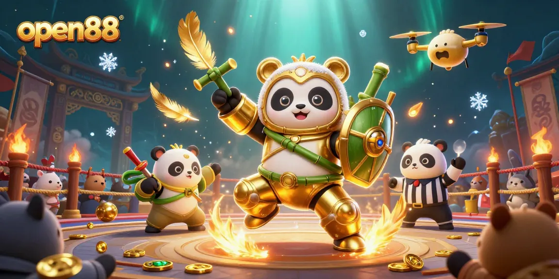 Join the excitement of open88 with a vibrant 3D illustration of a mech-suit panda ready for action!
