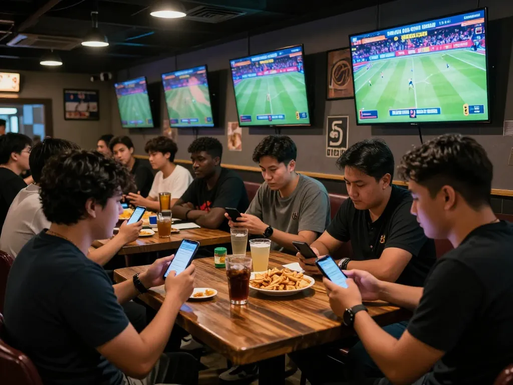Excited patrons discussing kèo nhà cái hôm nay while watching sports highlights at a vibrant sports bar