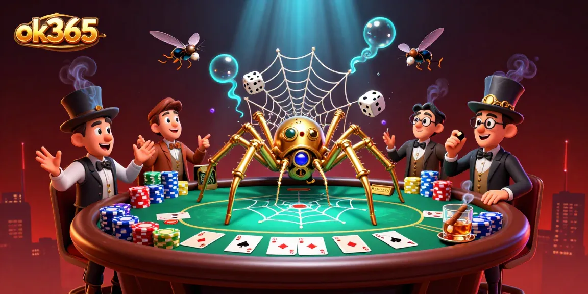 Experience thrilling moments at ok365 as a golden spider captures dice amidst vibrant poker chaos.