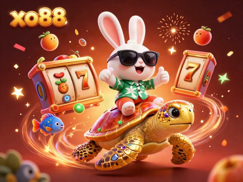 Experience winning fun at xo88 with an adorable lucky rabbit and golden turtle in vibrant casino scenes.