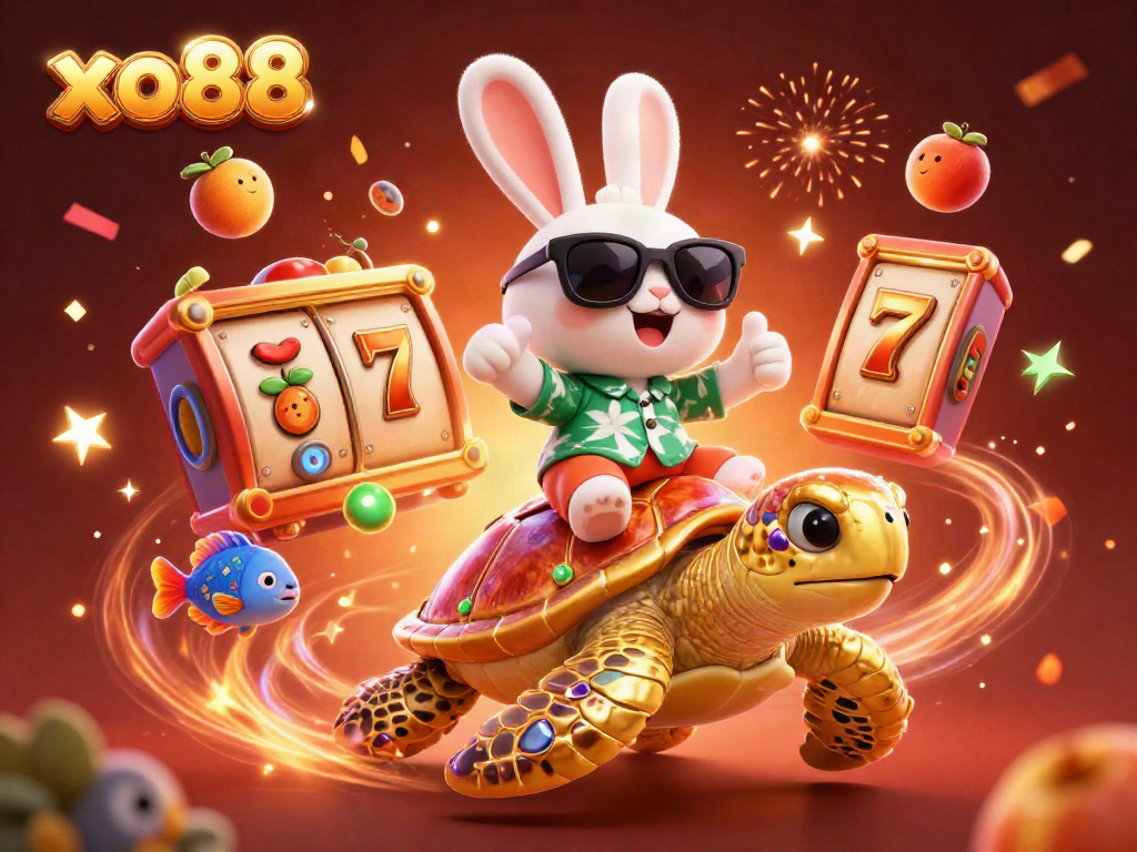 Experience winning fun at xo88 with an adorable lucky rabbit and golden turtle in vibrant casino scenes.