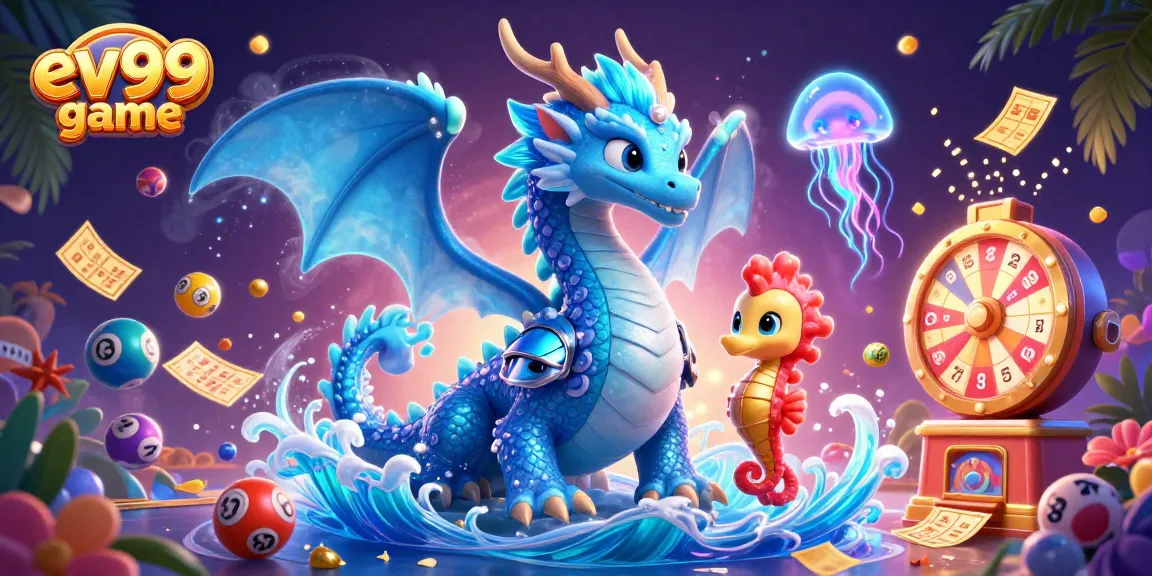 Play the exciting ev99 game with colorful lottery balls and vibrant characters in a lively casino setting.