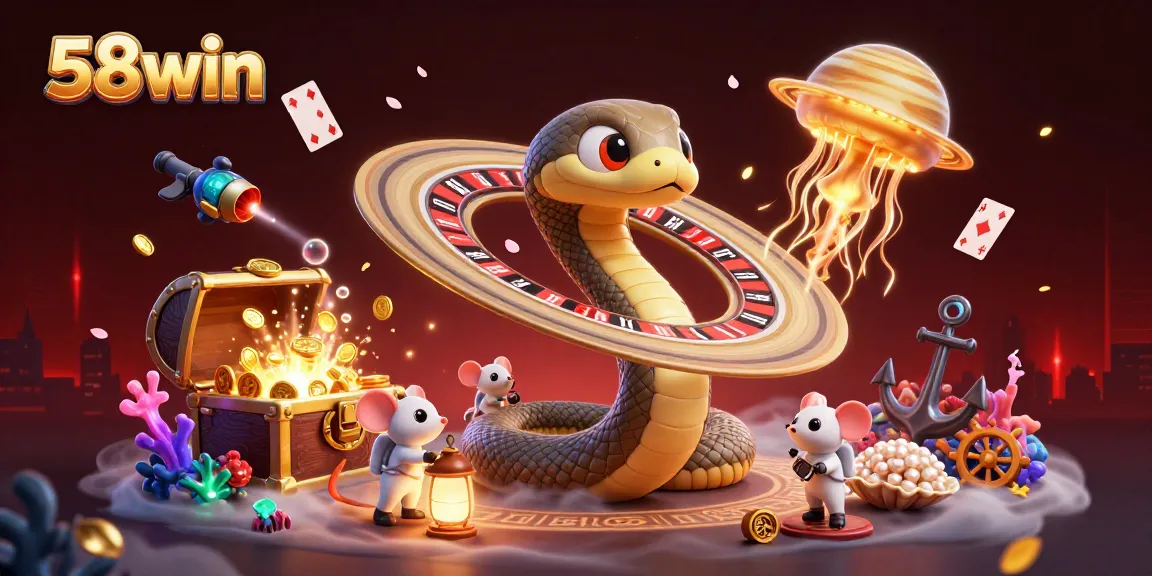 Engage in exciting bets at 58win with a vibrant cosmic casino scene featuring astronaut mice and a roulette snake.
