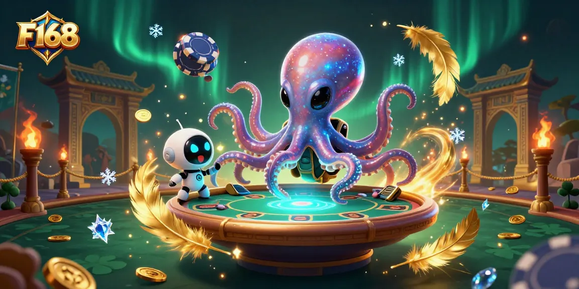 Engage in thrilling F168 poker action with an alien octopus in a captivating casino illustration.