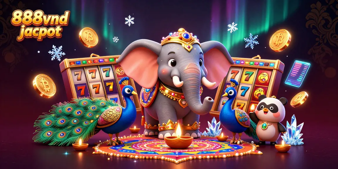 Experience the thrill of 888vnd jackpot with colorful 3D illustrations featuring festive elements and slots.