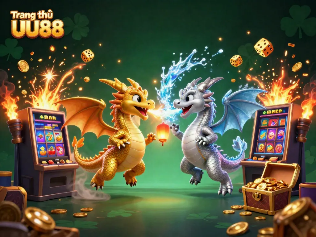 Experience the excitement of Trang chủ UU88 with a vibrant 3D illustration featuring gold and silver dragons amid casino elements.