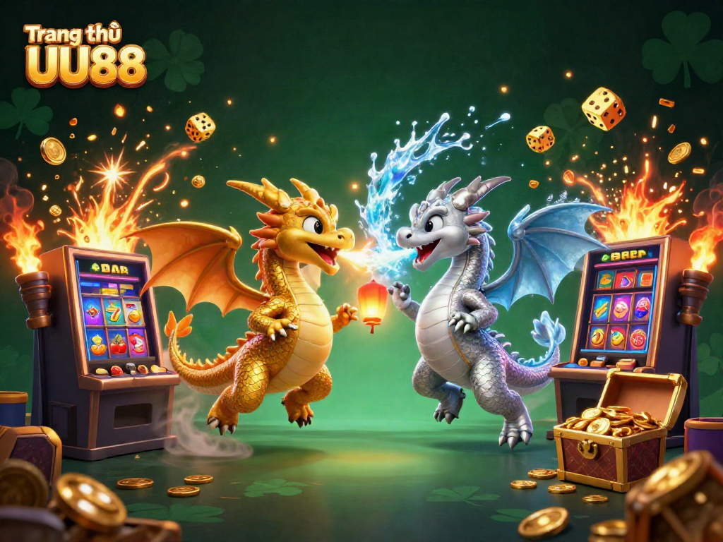 Experience the excitement of Trang chủ UU88 with a vibrant 3D illustration featuring gold and silver dragons amid casino elements.