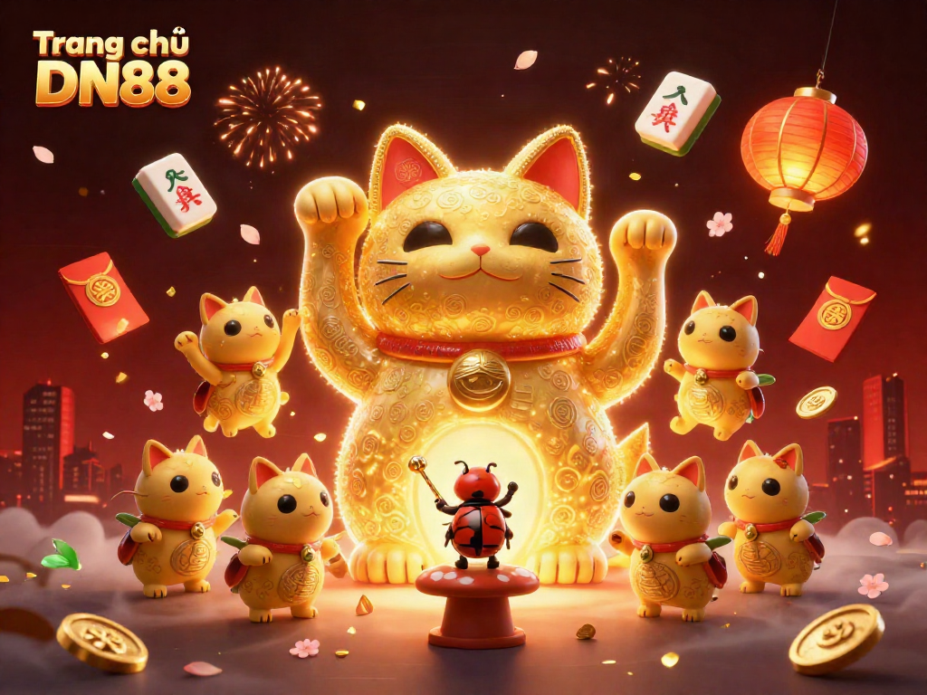 Experience thrilling gaming action on Trang chủ DN88 with a dynamic lucky cat and vibrant casino-themed elements.