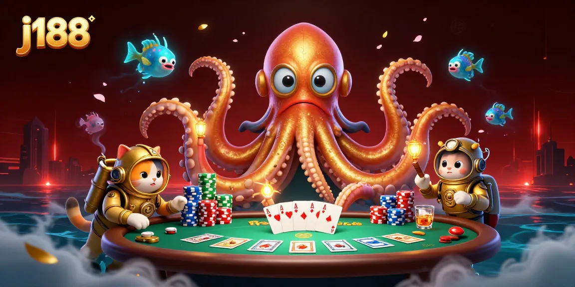 Experience j188 exciting poker action with a kraken, diving cat, and vibrant game elements.