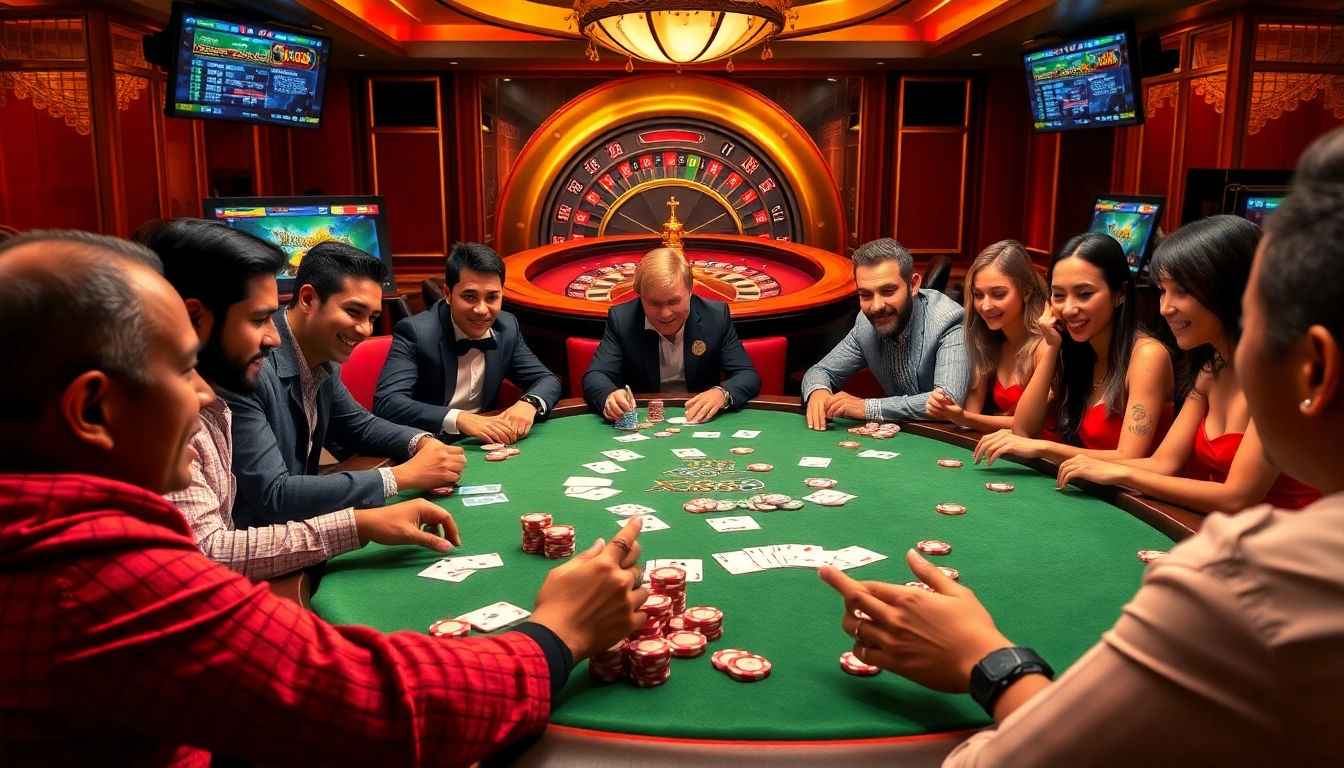 Players experiencing the excitement of poker at XX88, surrounded by luxury and vibrant casino aesthetics.