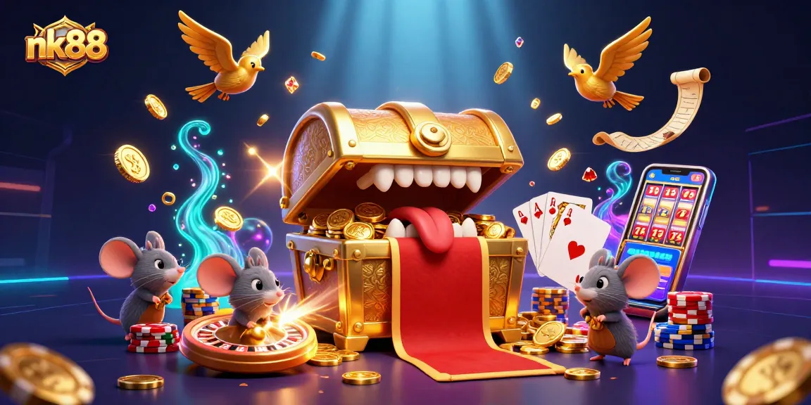 nk88 attracts players to win with golden treasures and exciting casino elements in a vibrant scene.