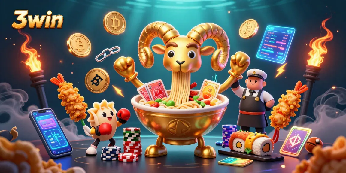 3win gaming scene featuring a golden ramen bowl character with cards and chips, surrounded by enticing casino elements.