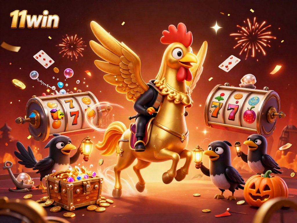 Experience exhilarating gaming action at 11win's vibrant casino with golden rooster riders.