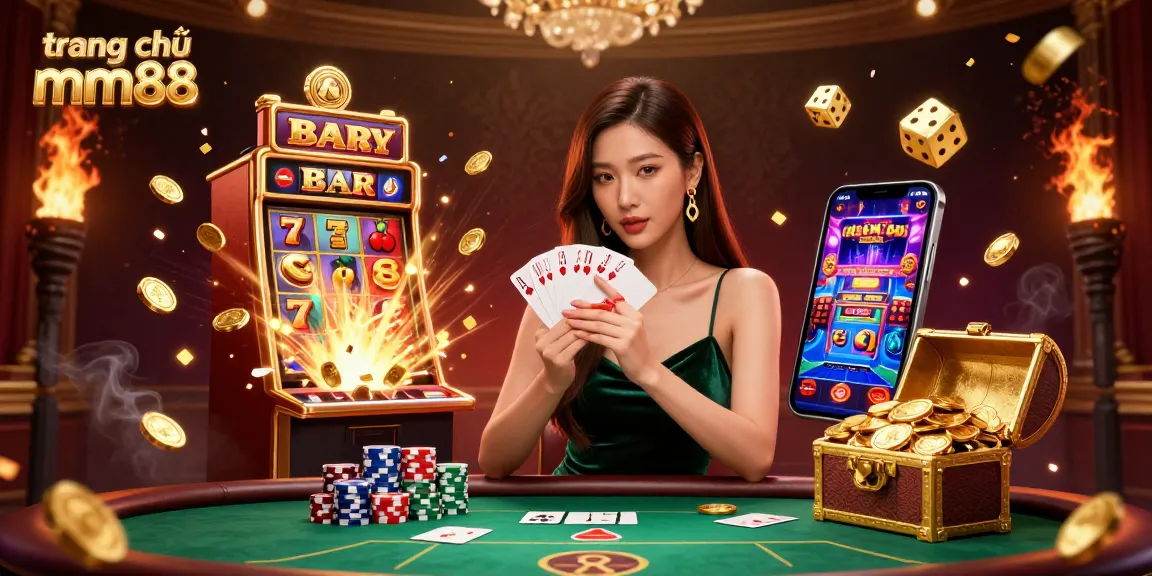 Experience the thrill at trang chủ mm88 with a beautiful dealer holding cards above a jackpot explosion.