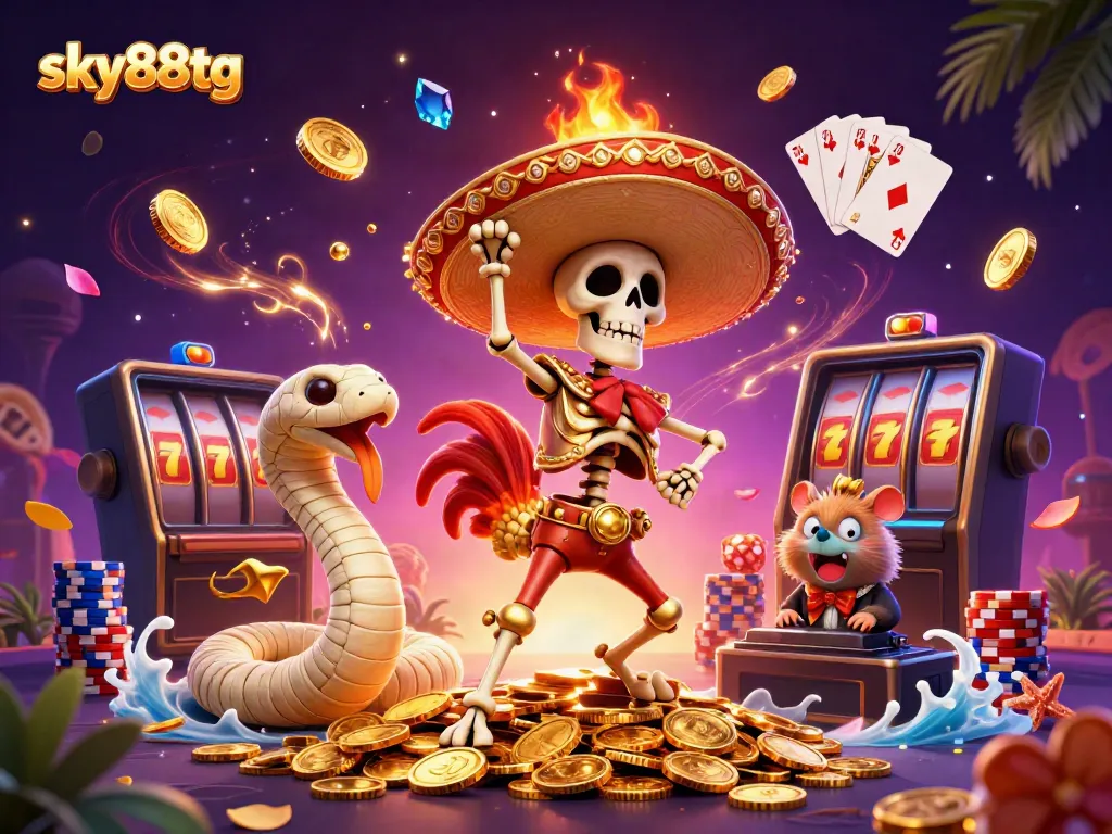 Join the victory dance of a rooster at sky88tg among golden coins and casino games for a vibrant experience.