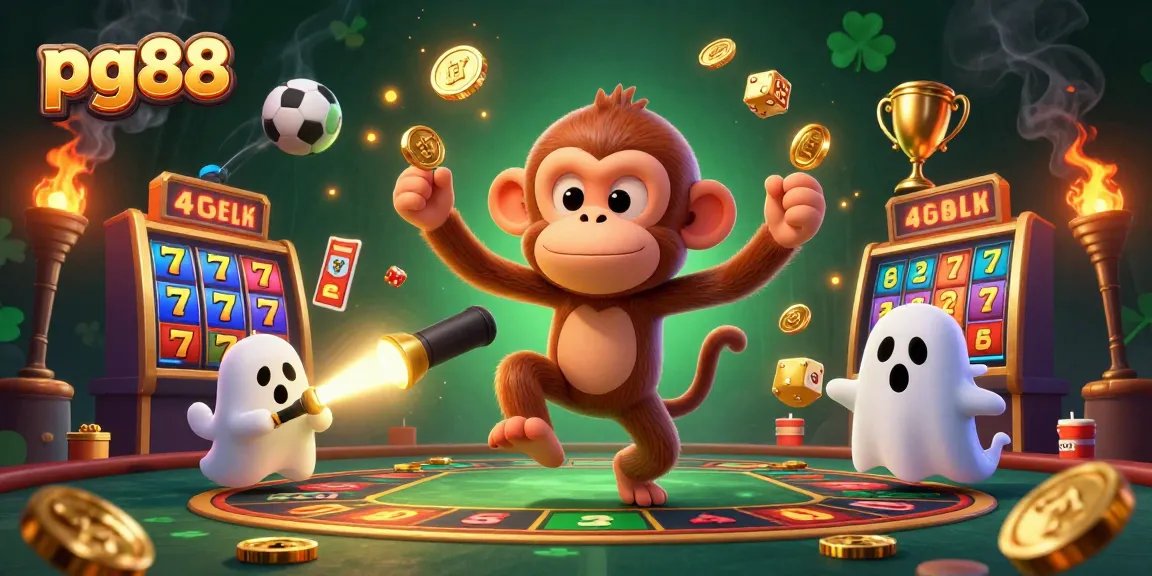 Experience the thrill of pg88 with a playful monkey juggling golden items in a haunted casino.