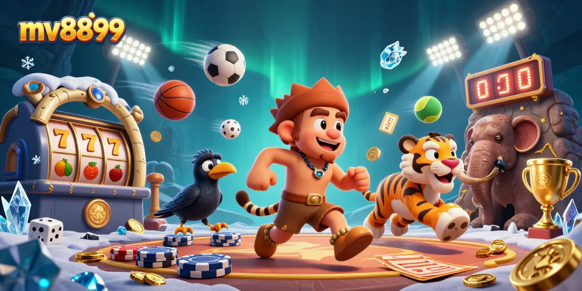 Experience the thrill of mv8899 with a prehistoric casino scene featuring unique characters and dynamic gaming elements.