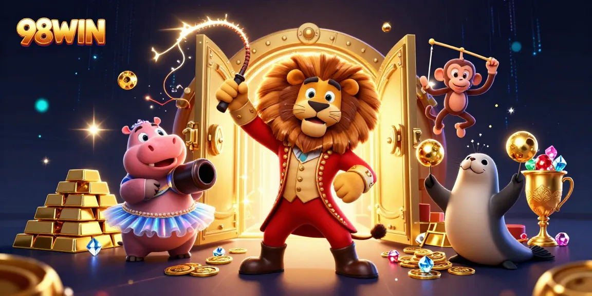 Experience the thrill of 98WIN with vibrant casino adventures featuring fun circus characters.