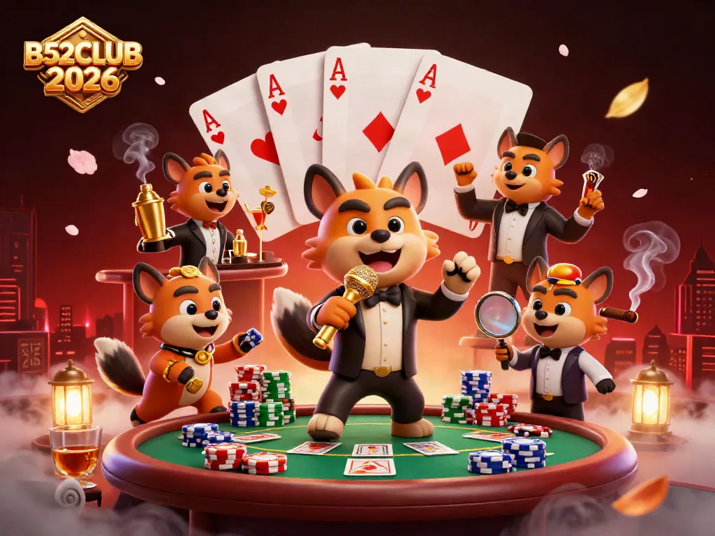 Experience the lively atmosphere of B52CLUB 2026 with animated hyenas at the comedy casino.