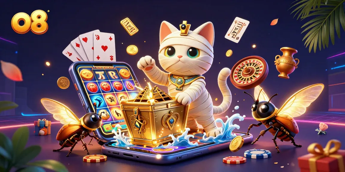 Engage with thrilling gaming experiences at o8 with dynamic 3D casino illustration and vibrant slot game elements.