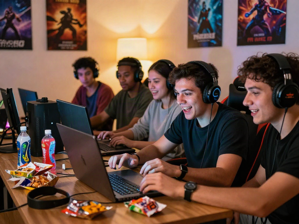 Friends enjoying an online gaming session on https://man88.hair/ in a cozy living room with gaming accessories.