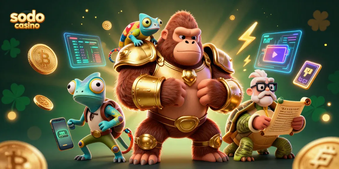 Sodo casino features a dynamic 3D illustration of a gorilla king in armor, a chameleon spy, and a tortoise elder amidst crypto elements.