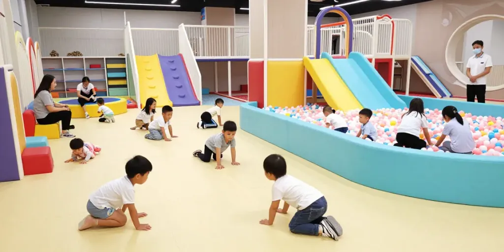Children safely enjoying the rokok88 playground, featuring supervised play areas and anti-slip flooring.