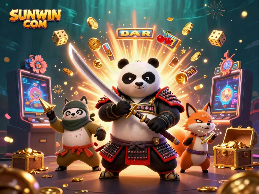 Experience thrilling gameplay with characters celebrating and winning at SUNWIN COM, featuring dynamic casino elements.