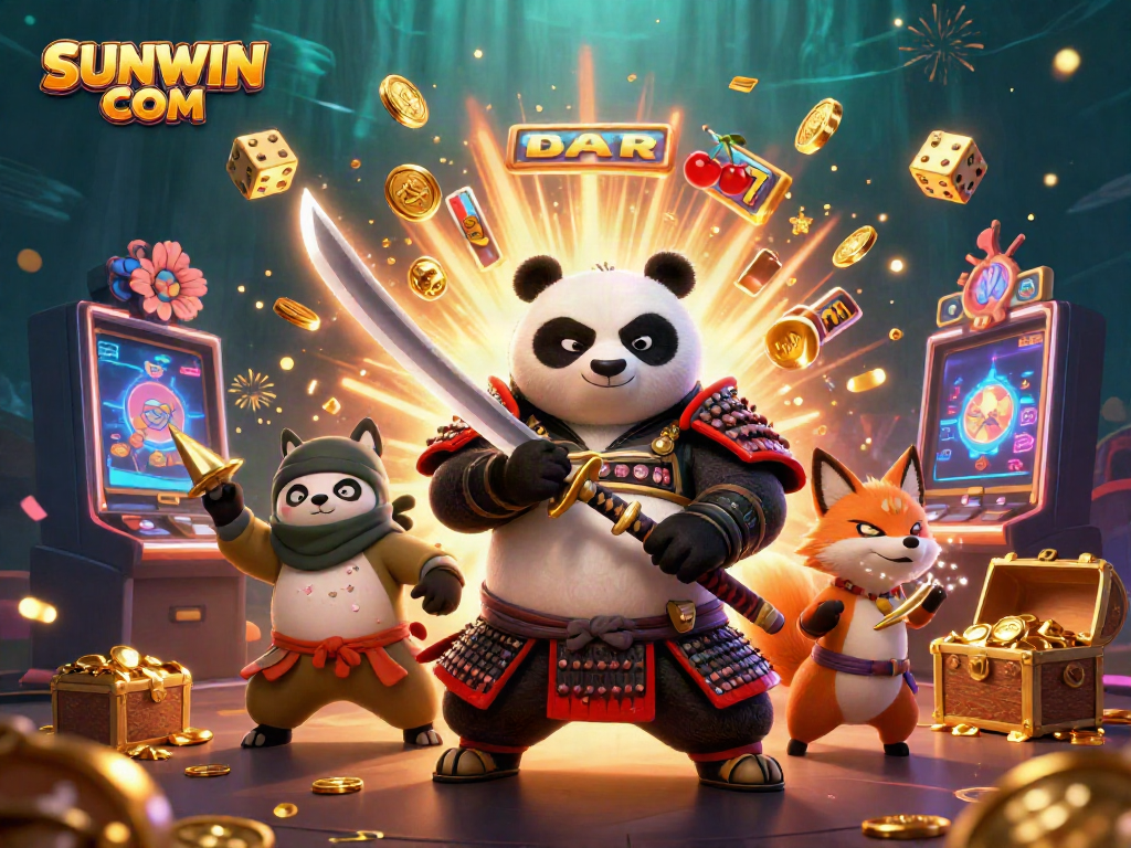 Experience thrilling gameplay with characters celebrating and winning at SUNWIN COM, featuring dynamic casino elements.