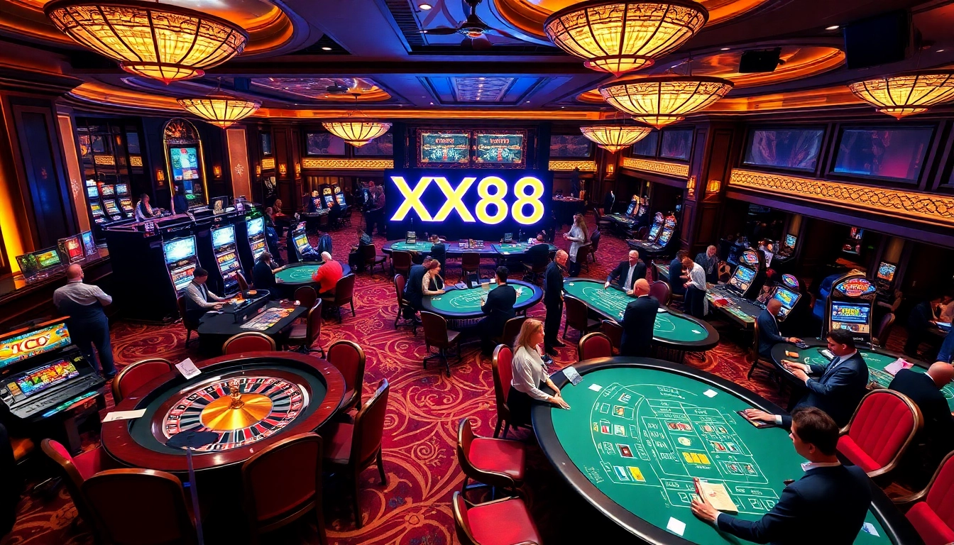 Experience the excitement of XX88 casino games with players at slot machines and gaming tables.