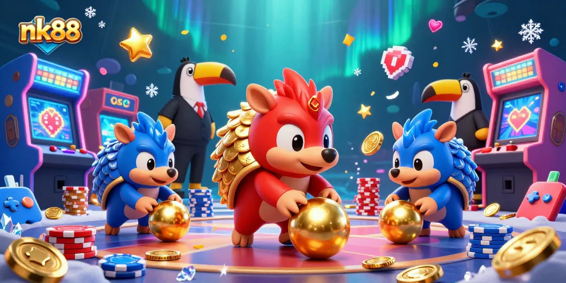 nk88 rivals compete in a bowling-style poker chip game, showcasing vibrant casino elements.