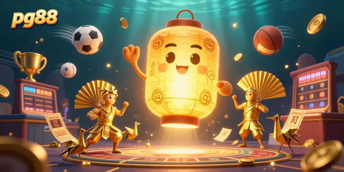 Experience thrilling gameplay at pg88, where a golden lantern spirit illuminates a vibrant casino scene with dynamic sports elements.