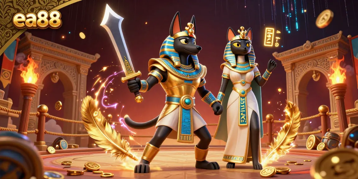 Bet on thrilling games with ea88 featuring Anubis and Bastet amidst gold and dynamic casino elements.