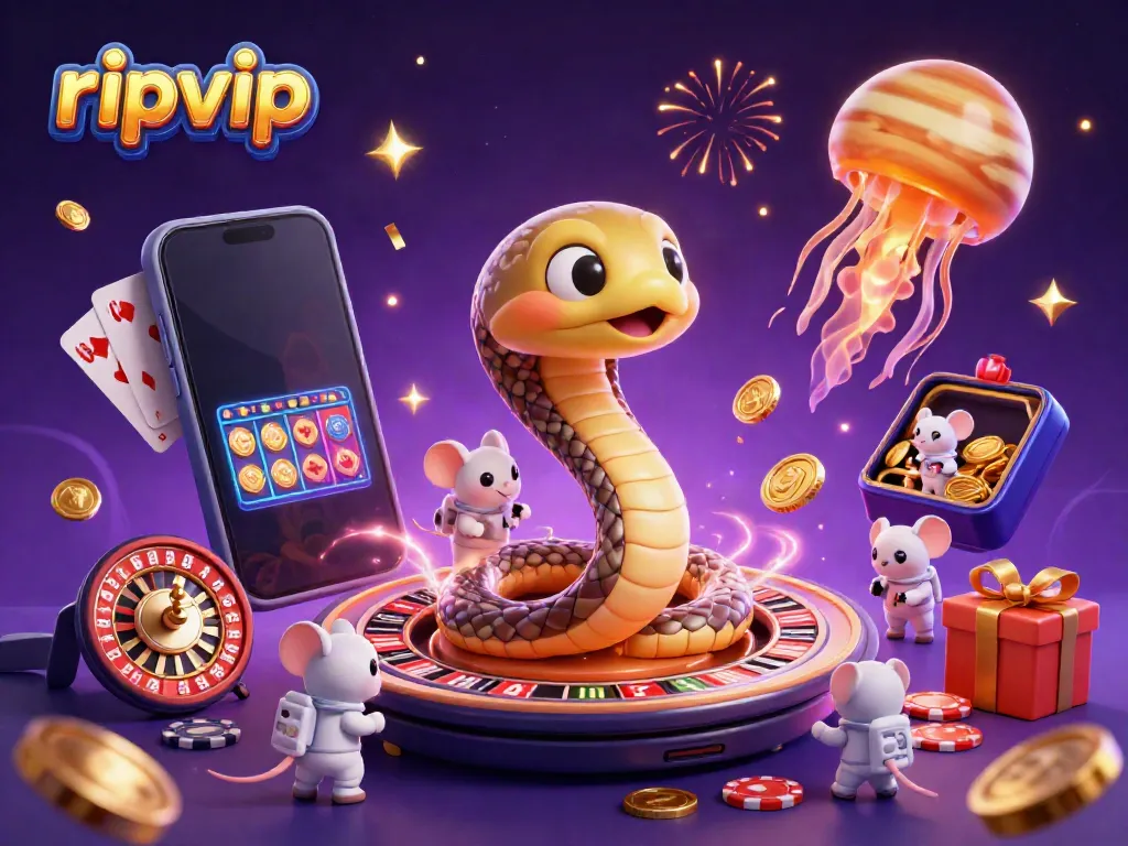 Betting on ripvip's cosmic roulette with characters and colorful gaming elements in a vibrant 3D scene.
