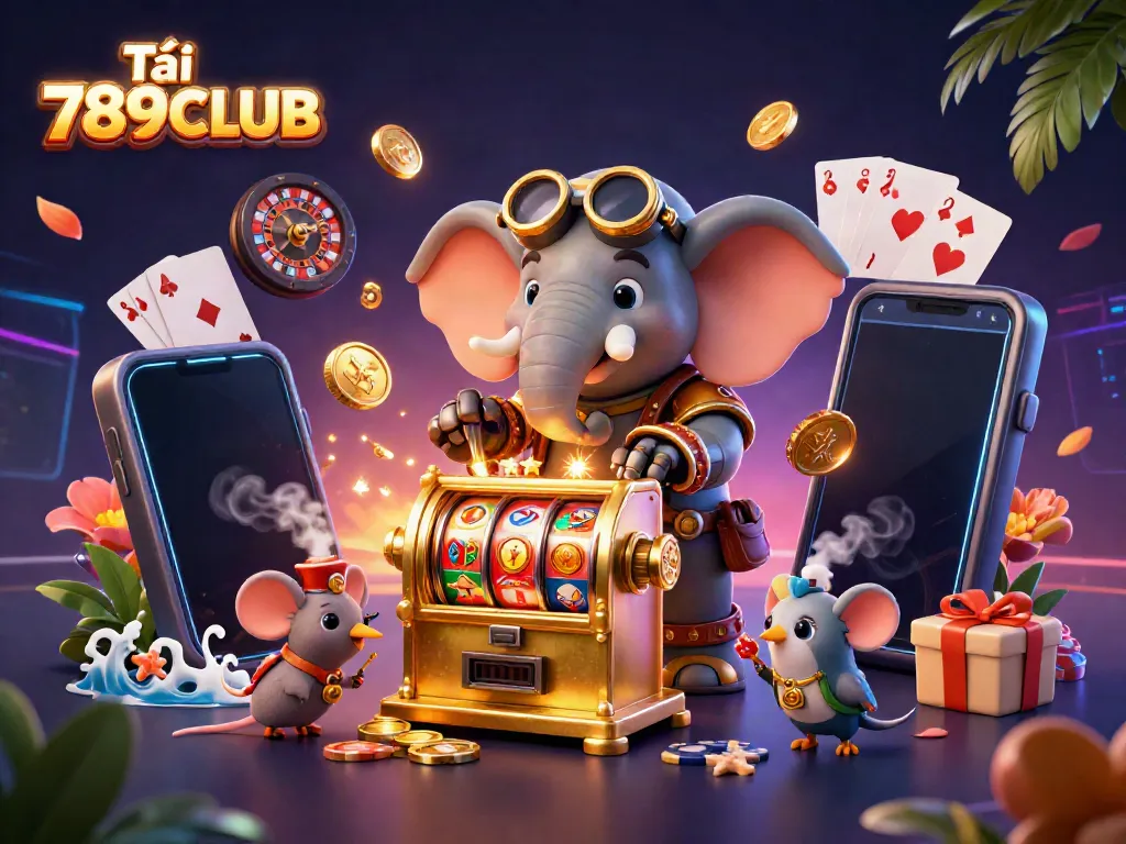 Tải 789CLUB with a steampunk elephant operating a slot machine surrounded by casino elements.