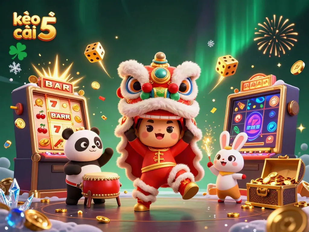 Experience vibrant action in kèo nhà cái 5 with a lively lion dance, jackpot slots, and festive casino elements.