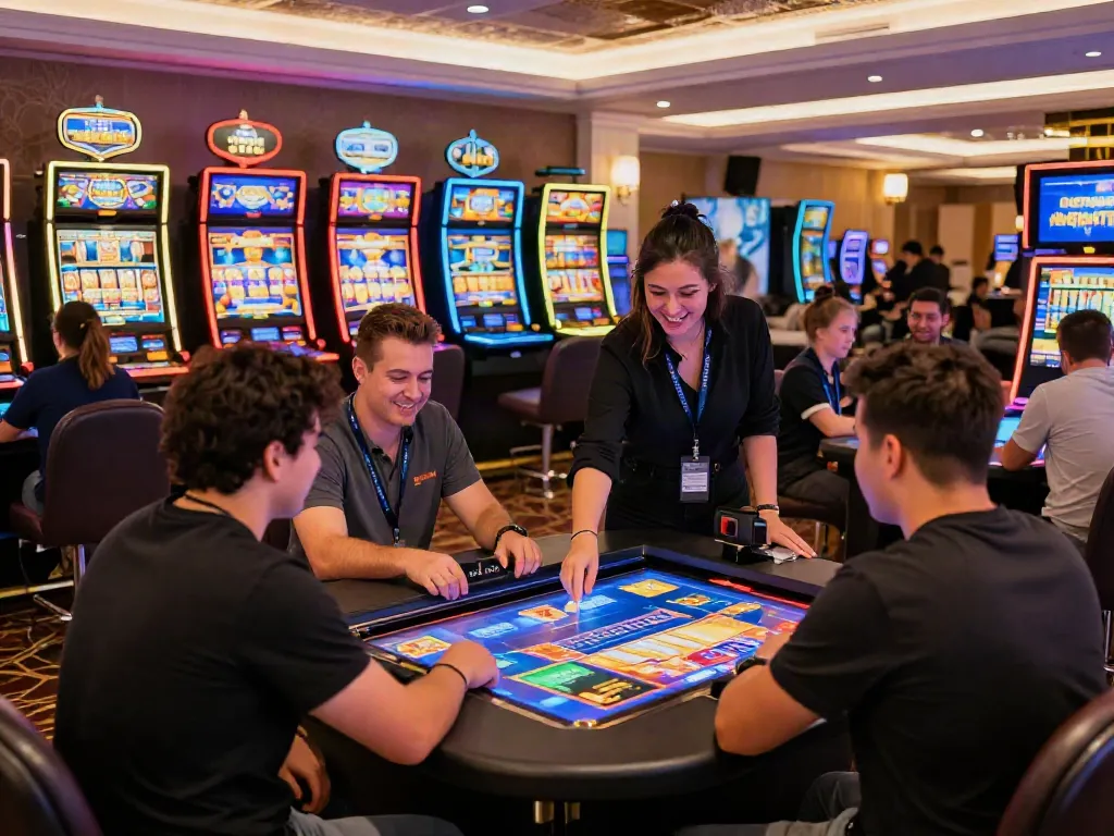 Exciting online gaming atmosphere at nbet casino with vibrant players and colorful slot machines.