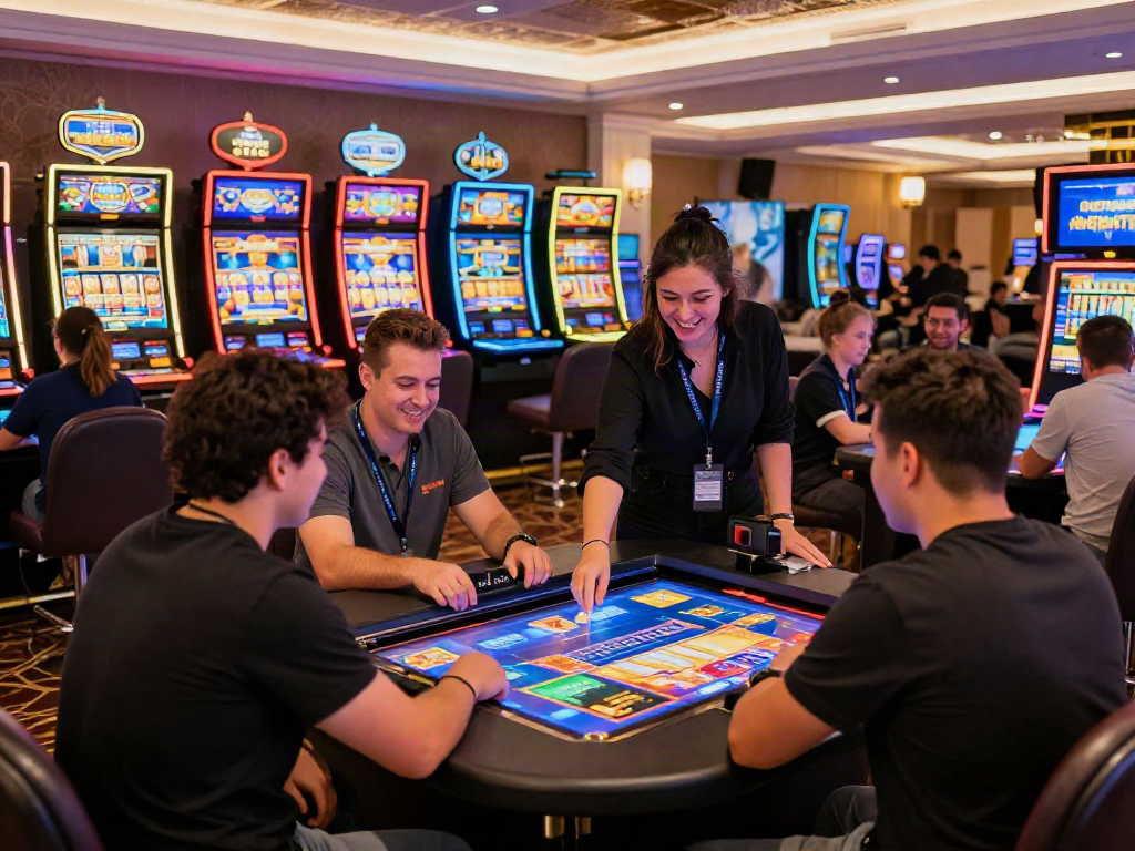 Exciting online gaming atmosphere at nbet casino with vibrant players and colorful slot machines.