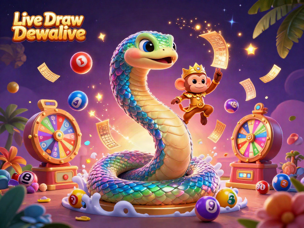 Menang dalam Live Draw Dewalive dengan bola lotere berwarna-warni dan elemen permainan yang menarik.