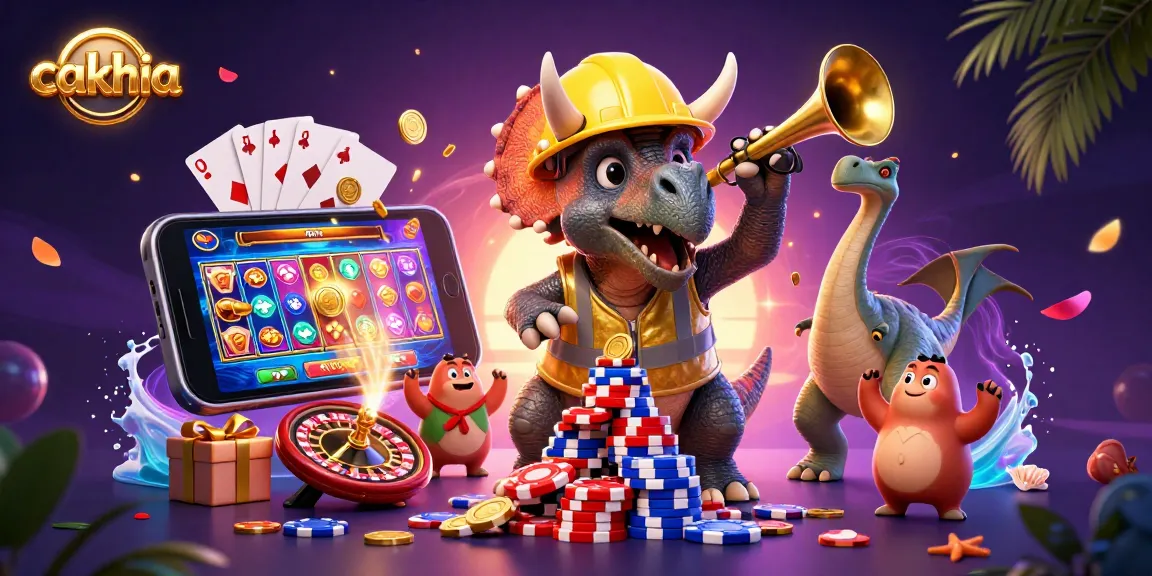 Cakhia enhances gaming scores with a dynamic scene of 3D triceratops building poker chip towers amid celebratory sports elements.
