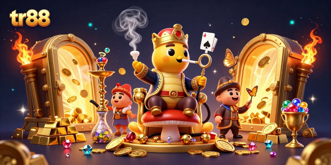 Experience tr88 with a vibrant gaming scene featuring poker symbols and golden treasures.