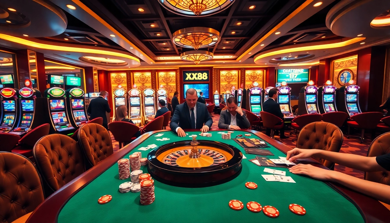 Engaged players at a luxurious casino table showcasing XX88 gaming experience with poker chips and cards.