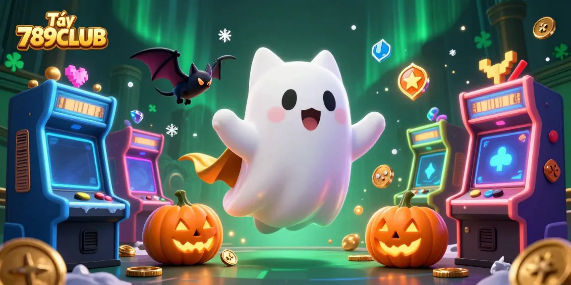 Tải 789CLUB with dynamic 3D gaming elements in a haunted casino scene featuring a ghost cat and bat.