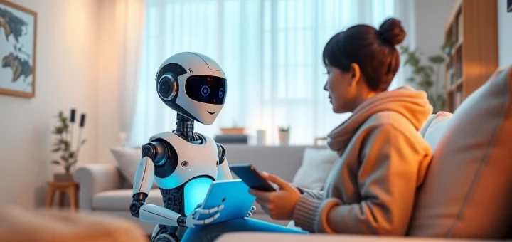 Engaging scene of a user interacting with a crush ai companion in a cozy living room.