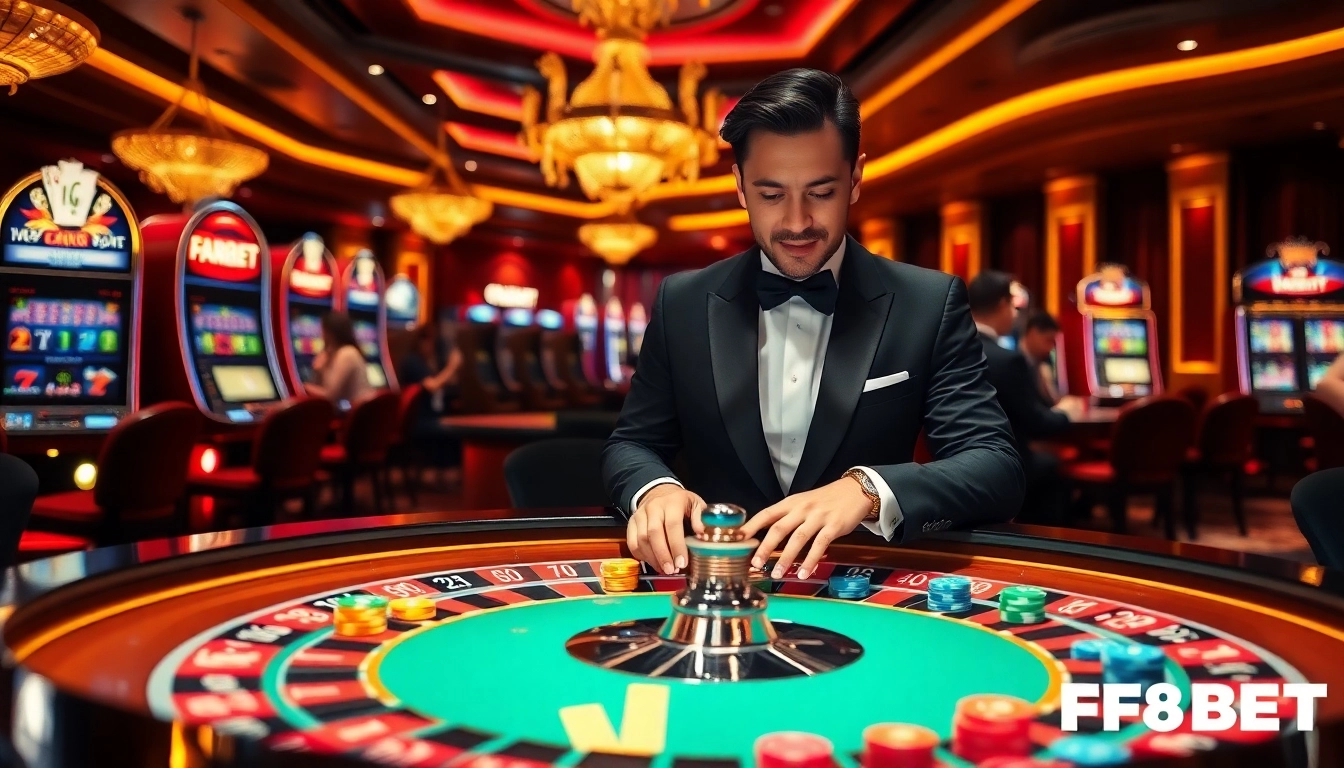 Experience Đăng Nhập F8BET with a thrilling casino scene showcasing lively roulette tables and engaging gameplay.
